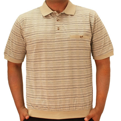 Safe Harbor Short Sleeve Vertical Stripe Banded Bottom Shirt - 6191-345 Stone